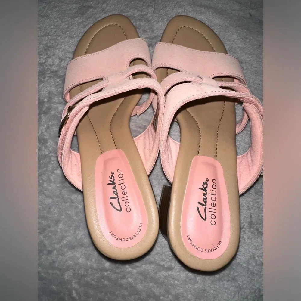 Clarks Heeled Slide Sandals Desirae Palm in powder pink  Suede Size 6.5